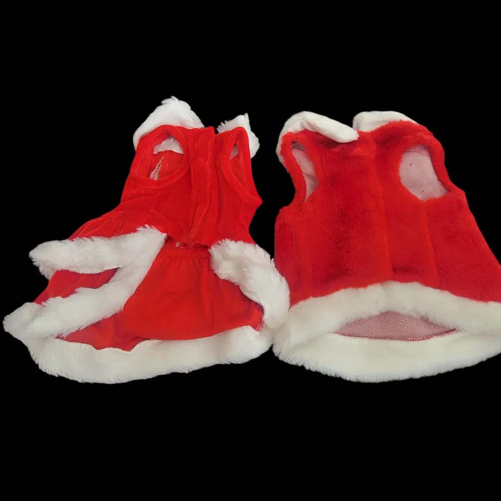 2 Santa Christmas Dog Coat Dress Red White Winter Velvet Faux Fur Size Small